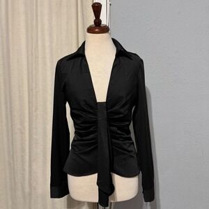 idem ditto Black Ruched‎ Front Long Sleeve Collared Button Up Shirt Top Gothic L